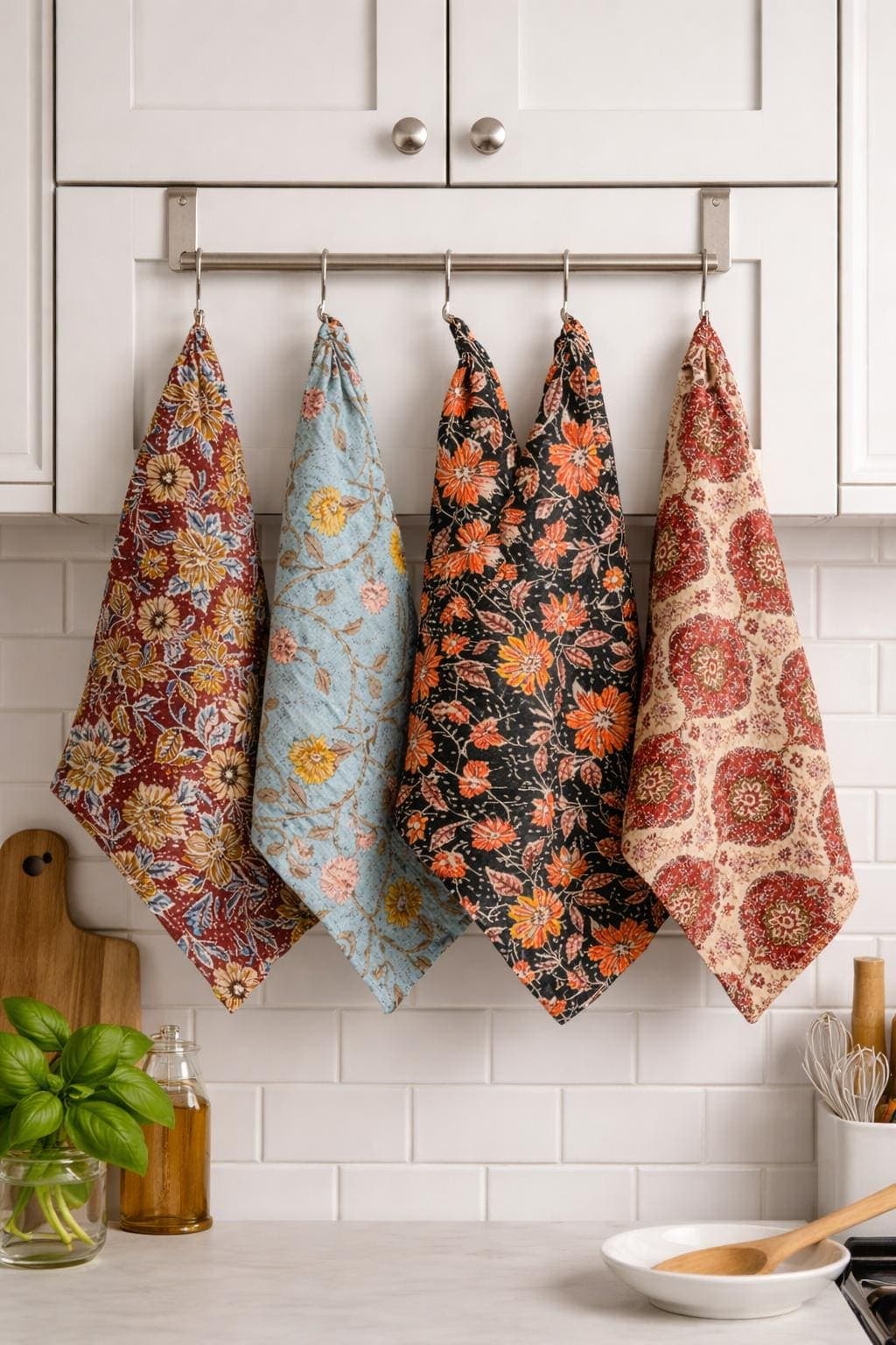 Floral Kitchen Towels Set, Boho Cotton Dish Towels, Vintage Style Tea Towels, Farmhouse Kitchen Decor, Absorbent Hand Towels Gift Set