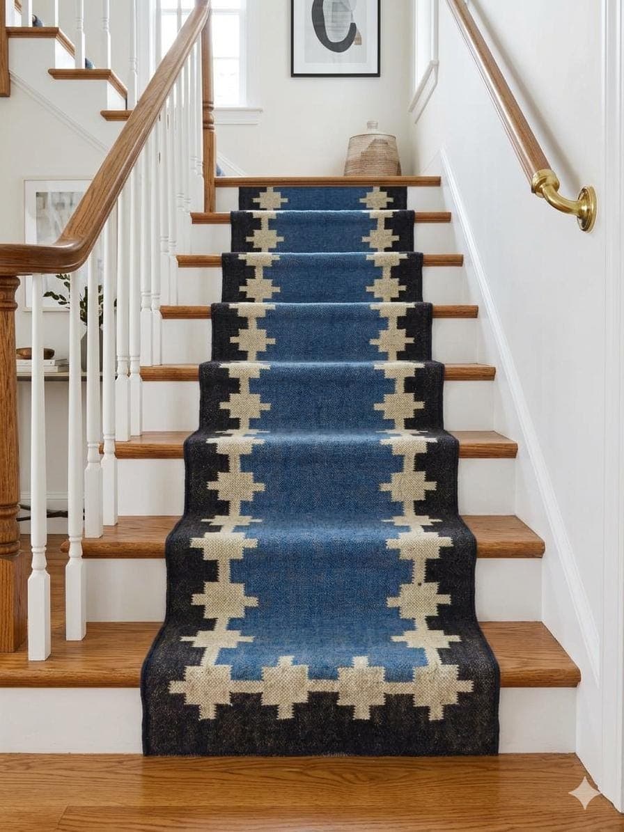 Blue Stair Runner Rug, Southwestern Stair Carpet, Tribal Boho Stair Runner, Navajo Style Geometric Staircase Rug, Non Slip Hallway Runner