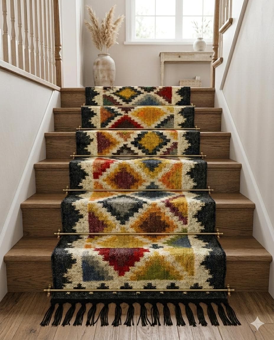 Handwoven Stair Runner Rug, Bohemian Wool Stair Carpet, Tribal Kilim Stair Runner, Geometric Southwestern Staircase Rug, Handmade Rustic Rug
