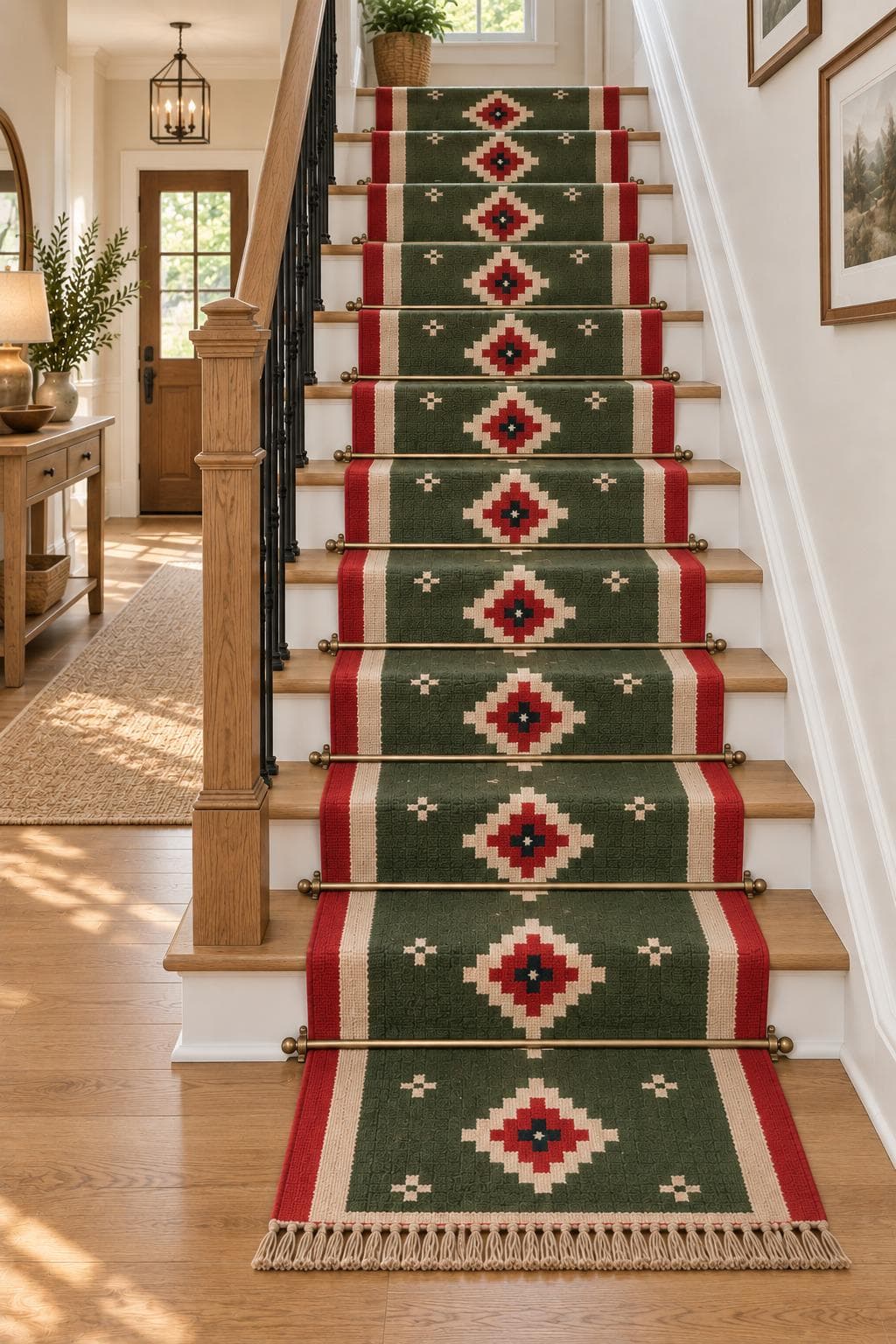 Green Red Wool Jute Stair Runner, Handwoven Southwestern Geometric Kilim Rug, Tribal Boho Stair Carpet, Farmhouse Stair Runner, Custom Size