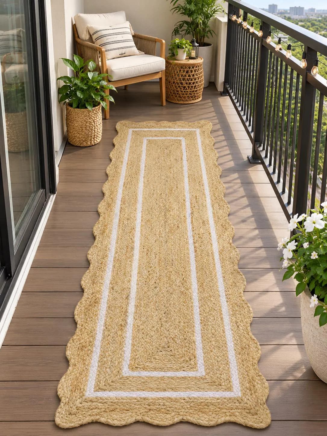 Natural Jute Runner Rug, Handwoven Jute Rug, Boho Geometric Runner, White Border Hallway Rug, Entryway Balcony Decor, Custom Size,Home Decor