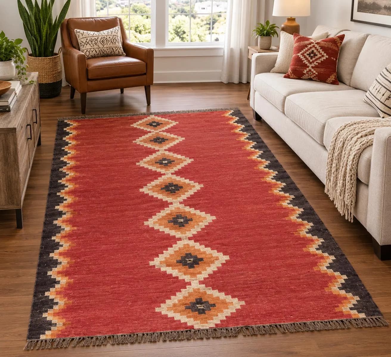 Red Wool Jute Kilim Rug, Geometric Tribal Area Rug, Handwoven Boho Carpet, Southwestern Farmhouse Living Room Rug, Custom Size Handmade Home