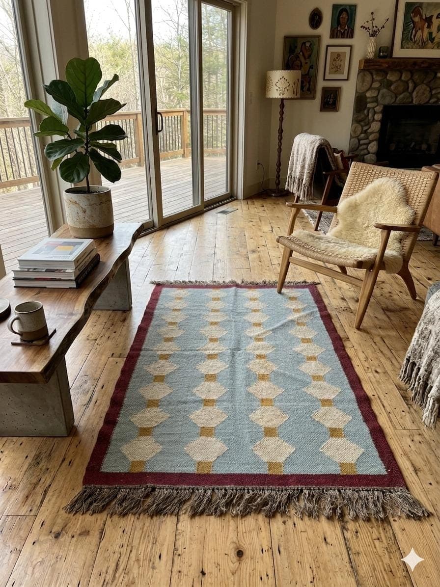 Blue Geometric Area Rug, Scandinavian Boho Living Room Carpet, Nordic Woven Bedroom Rug, Rustic Farmhouse Floor Decor, Fringe Accent Rug