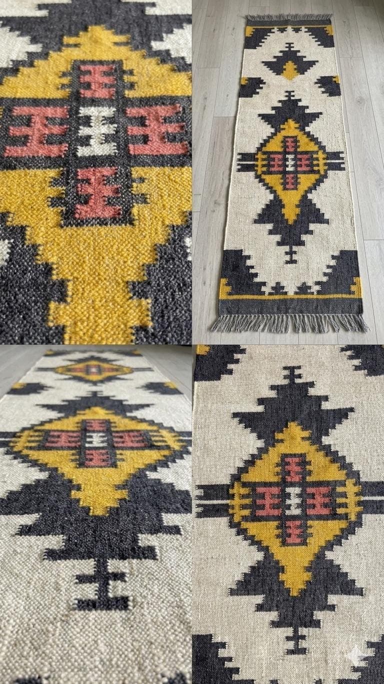 Handmade Wool Jute Boho Area Rug, Southwestern Tribal Geometric Rug, Rustic Living Room Carpet, Farmhouse Floor Rug with Fringe - image 5