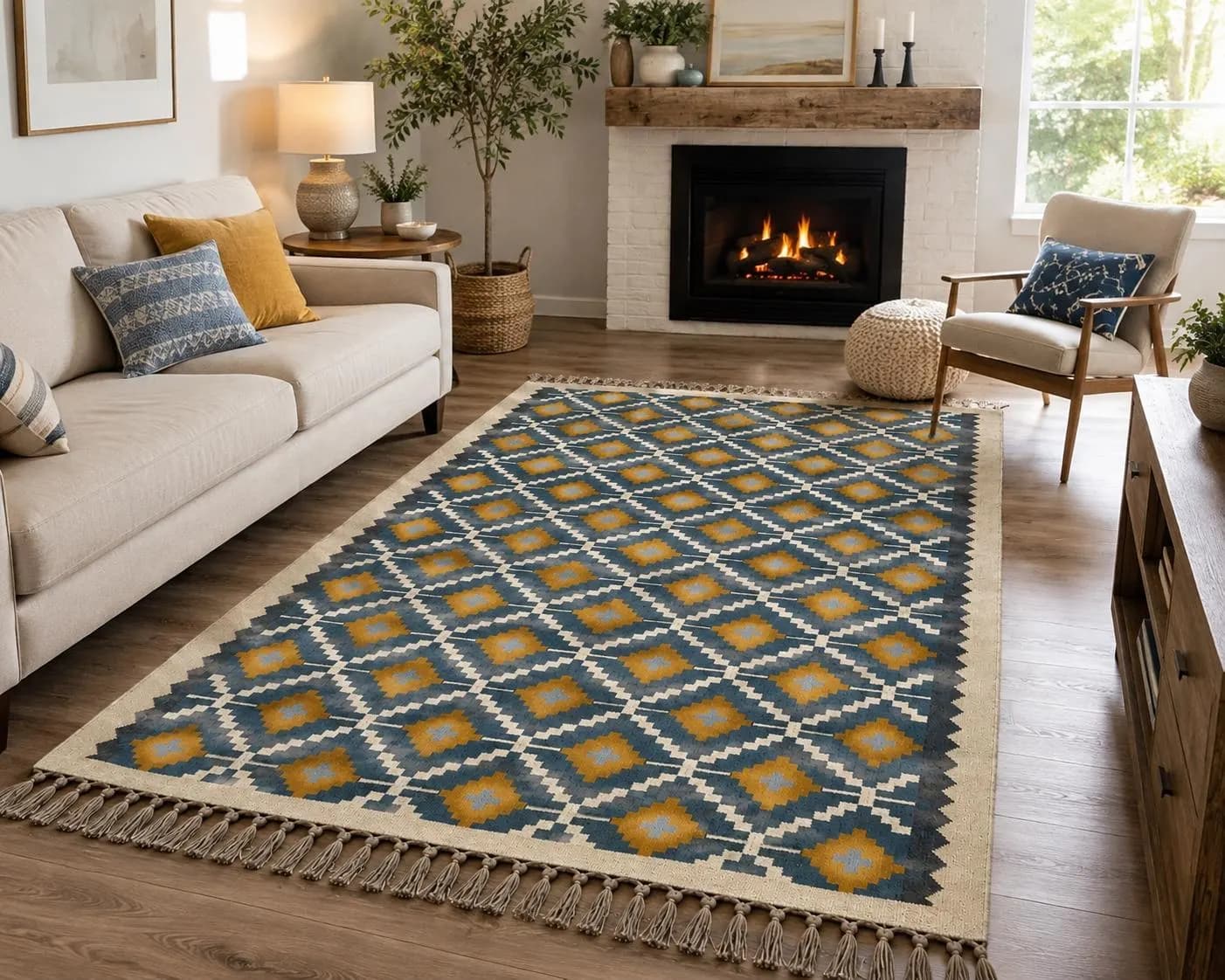 Wool Jute Kilim Rug, Boho Area Rug, Handwoven Geometric Rug, Tribal Rug, Southwestern Rug, Living Room Rug, Flatweave, Vintage, Custom Size