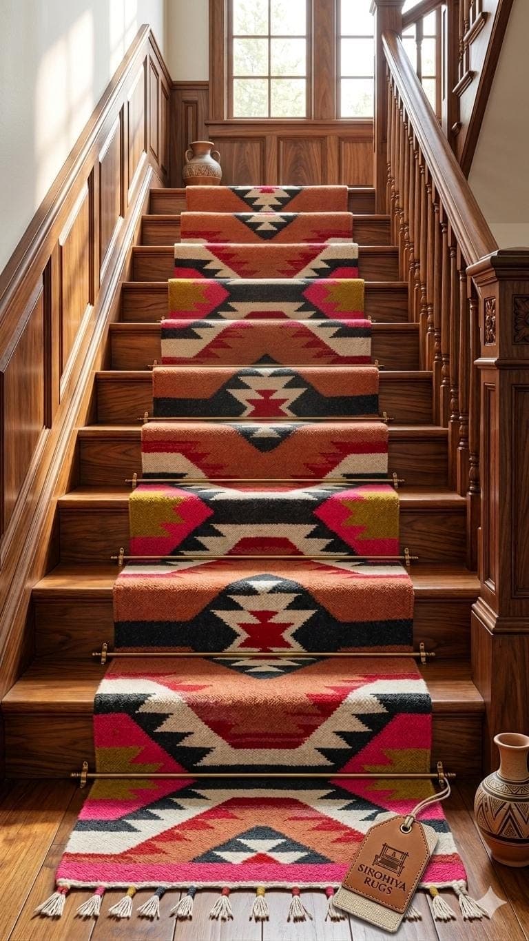 Southwestern Stair Runner Rug, Boho Staircase Carpet, Tribal Geometric Step Runner, Hallway & Stairs Rug, Colorful Kilim Style Home Decor