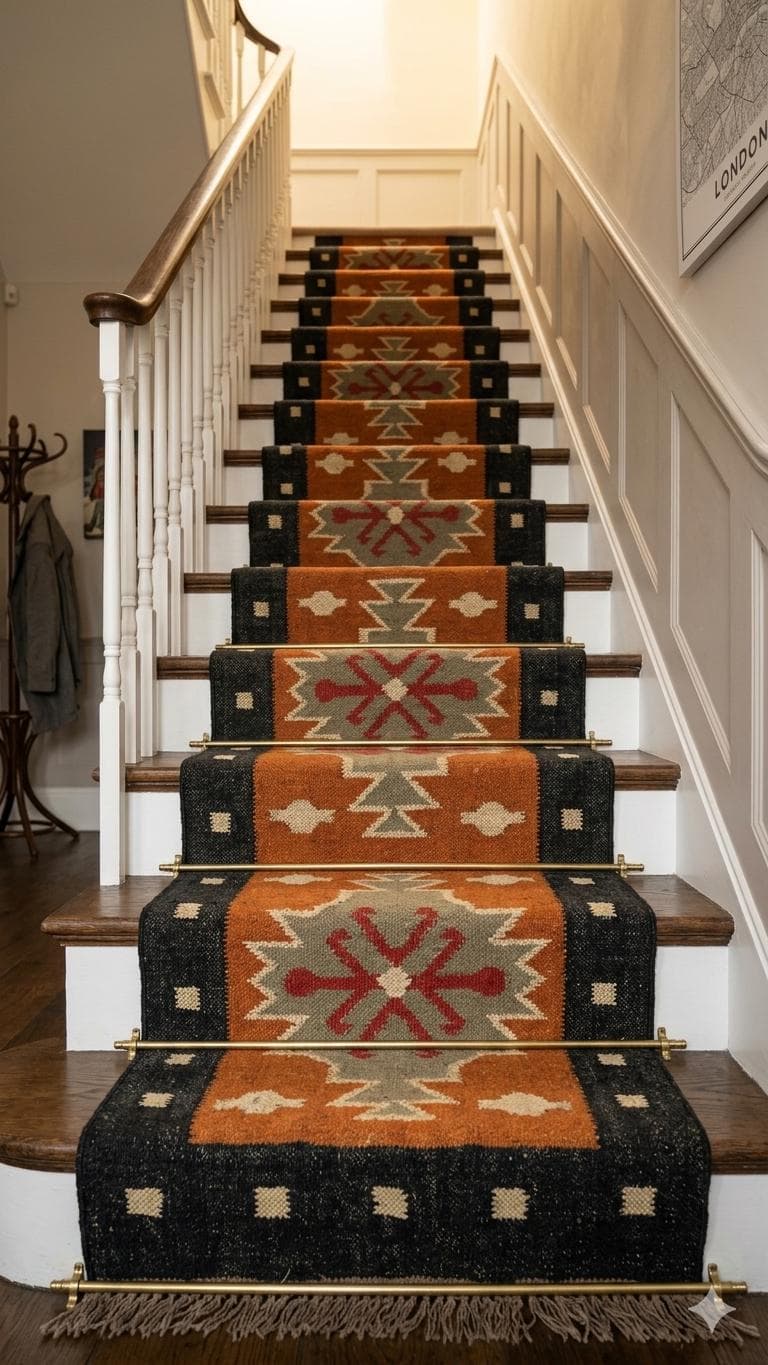 Southwestern Stair Runner,Tribal Boho Stair Carpet,Navajo Style Geometric Staircase Runner,Rustic Kilim Stair Runner,Non Slip Hallway Runner