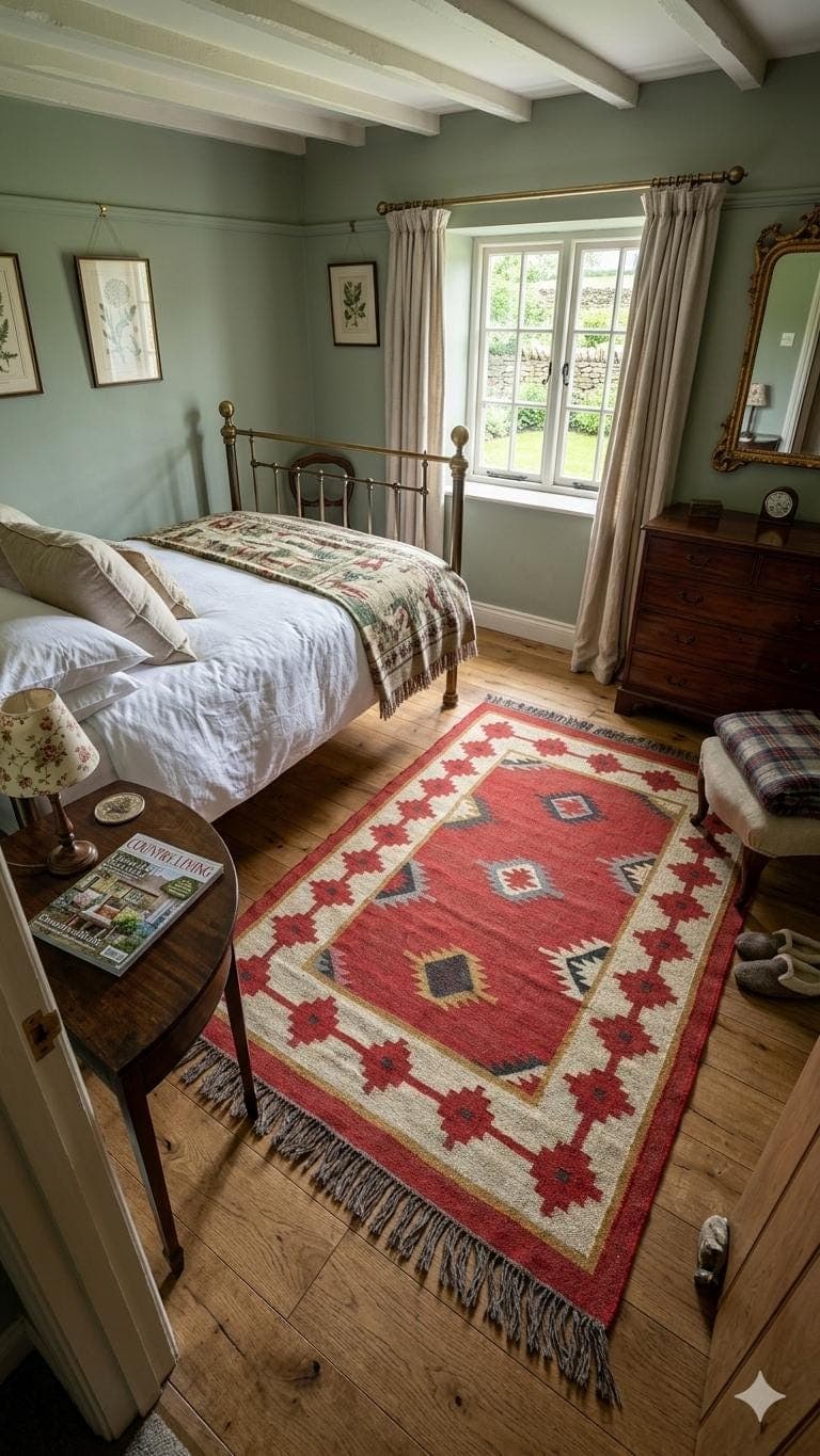 Red Southwestern Area Rug, Tribal Boho Kilim Carpet, Vintage Geometric Farmhouse Rug, Navajo Style Bedroom Living Room Rug with Fringe