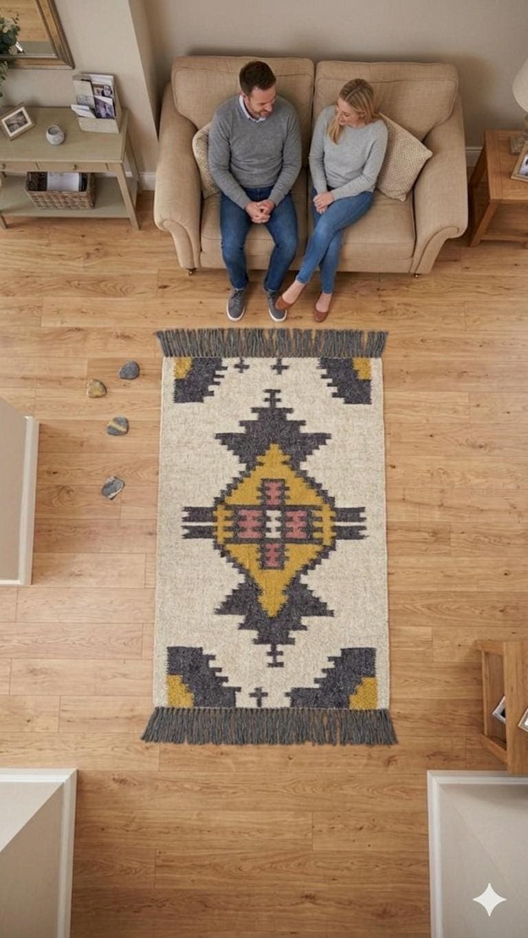 Handmade Wool Jute Boho Area Rug, Southwestern Tribal Geometric Rug, Rustic Living Room Carpet, Farmhouse Floor Rug with Fringe