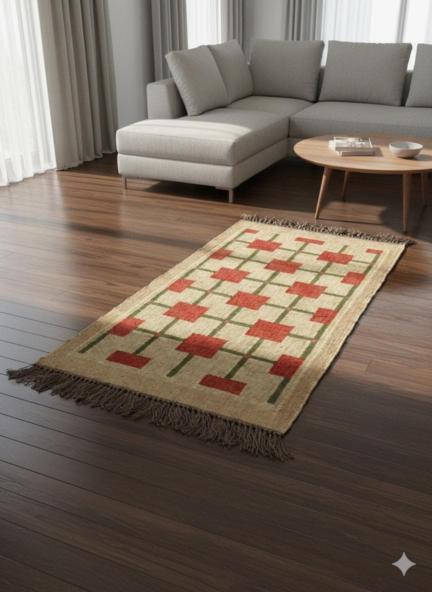 Geometric Area Rug, Mid Century Modern Rug, Handmade Boho Rug, Minimalist Living Room Carpet, Neutral Beige Red Floor Rug