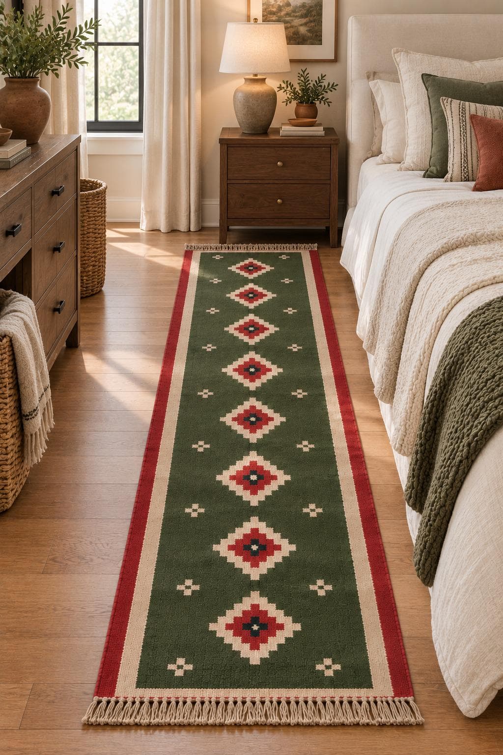 Green Red Wool Jute Stair Runner, Handwoven Southwestern Geometric Kilim Rug, Tribal Boho Stair Carpet, Farmhouse Stair Runner, Custom Size - image 5