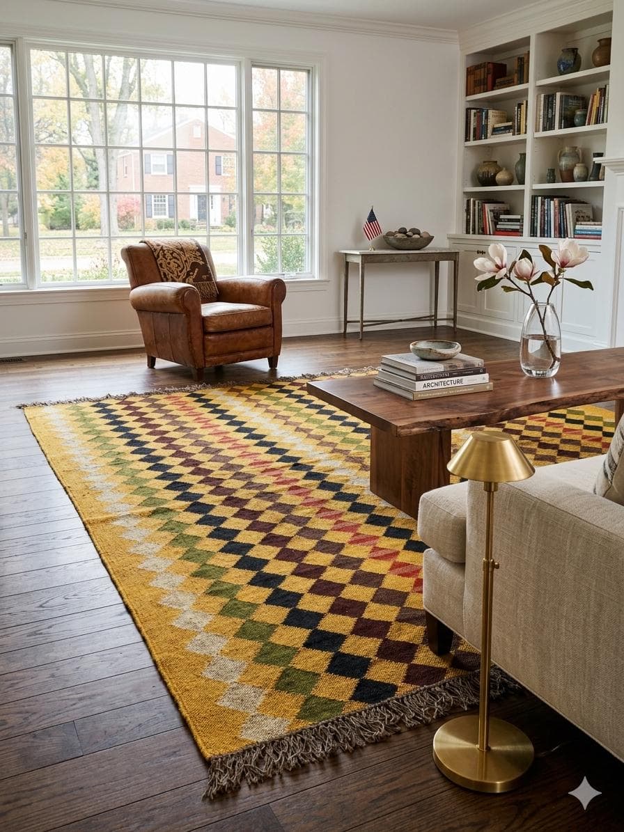 Vintage Mustard Checkered Runner Rug, Boho Geometric Hallway Rug, Fringe Entryway Carpet, Retro Kitchen Runner, Mid Century Floor Decor