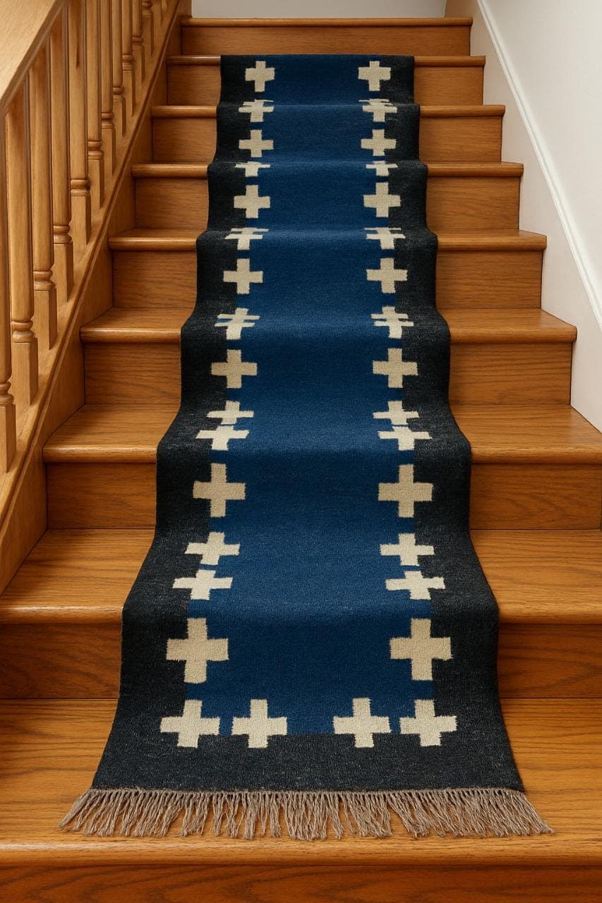 Blue Stair Runner Rug, Southwestern Stair Carpet, Tribal Boho Stair Runner, Navajo Style Geometric Staircase Rug, Non Slip Hallway Runner - image 5