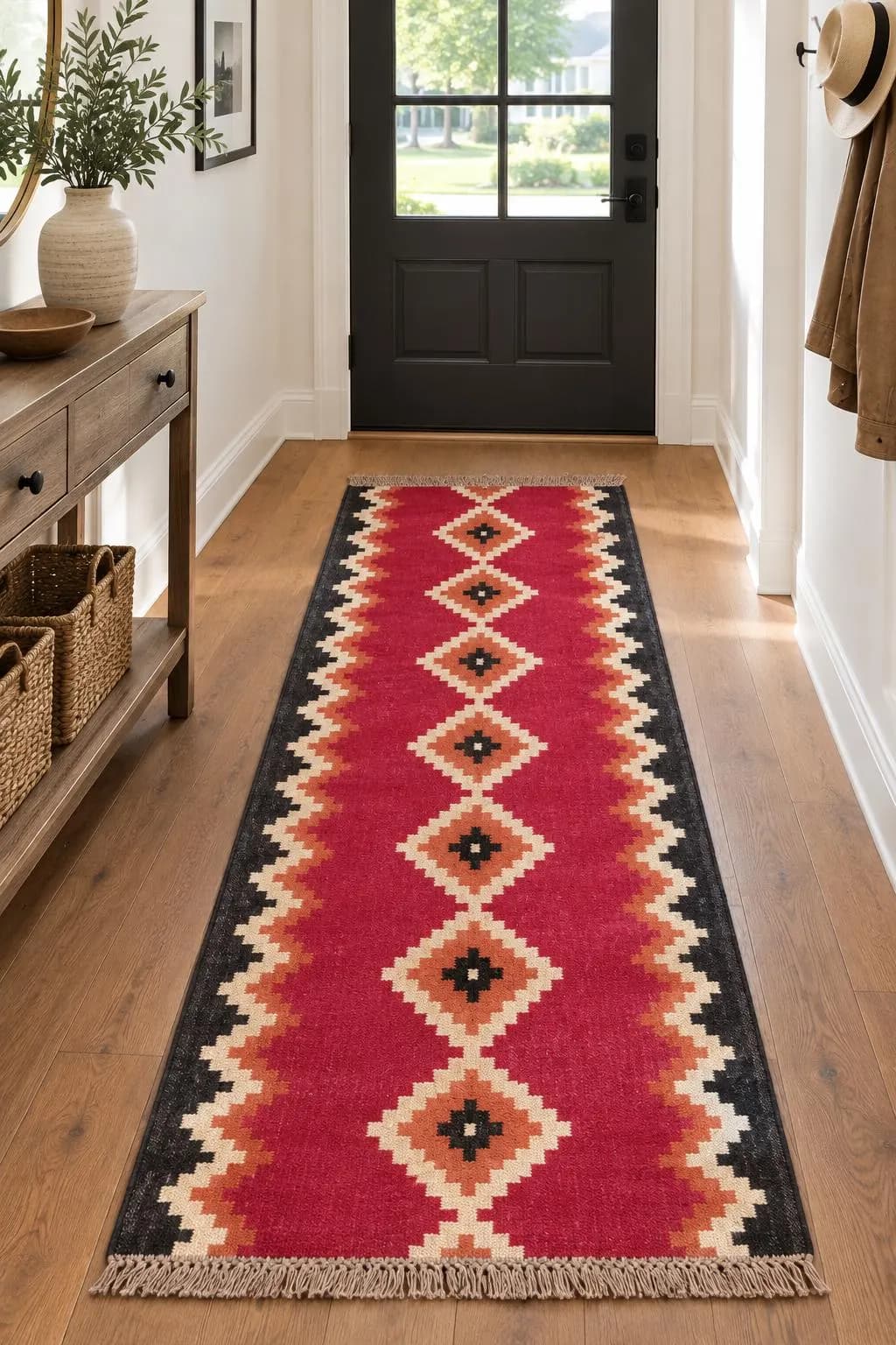 Red Kilim Runner Rug, Wool Jute Area Rug, Geometric Tribal Runner, Handwoven Boho Hallway Rug, Southwestern Entryway Carpet, Custom Size