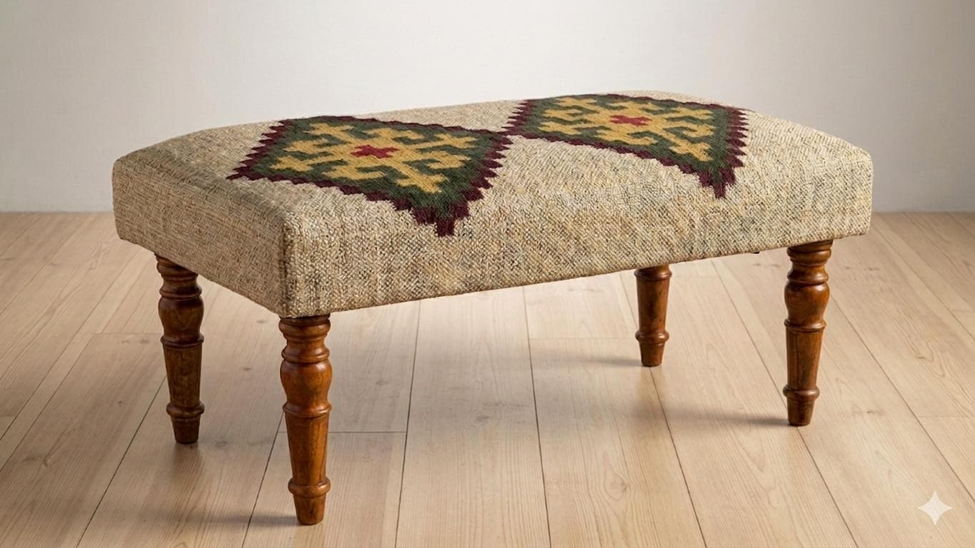 Handmade Kilim Upholstered Ottoman Bench, Boho Footstool, Rustic Wooden Leg Bench, Farmhouse Living Room Ottoman, Turkish Kilim Furniture - image 4