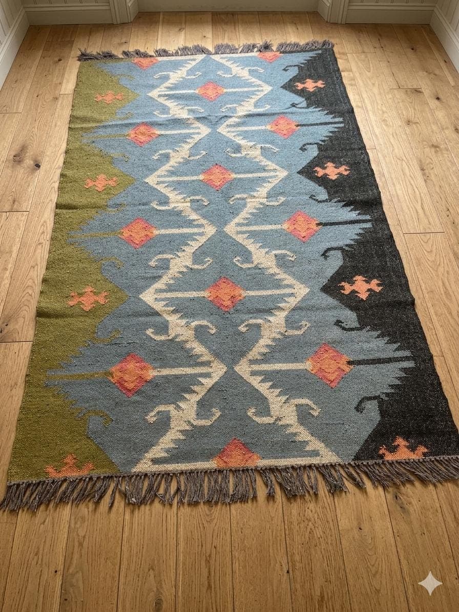 Handwoven Southwestern Area Rug, Tribal Geometric Wool Carpet, Boho Living Room Rug, Farmhouse Bedroom Rug, Fringe Accent Floor Mat