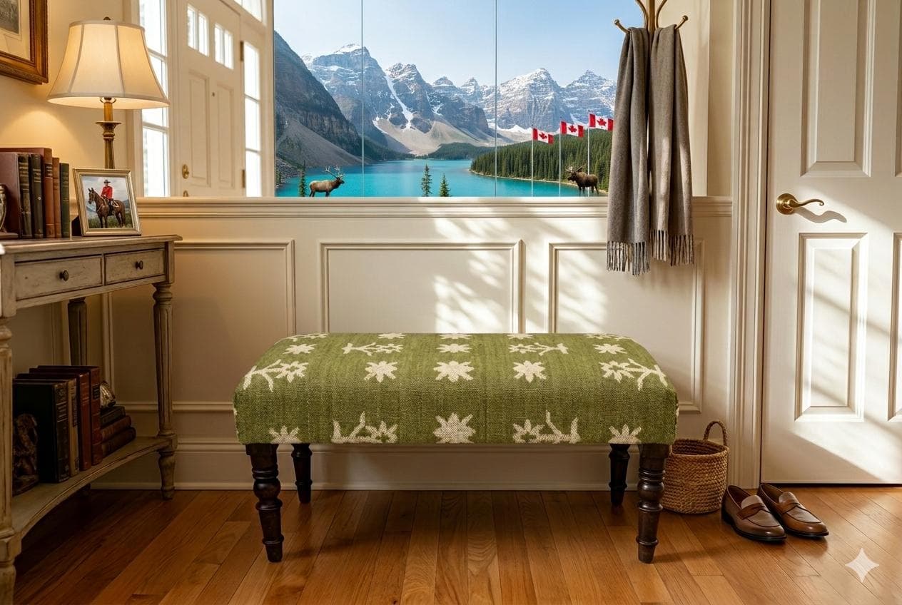 Handwoven Upholstered Bench, Olive Green Floral Kilim Bench, Rustic Wooden Legs Ottoman,Boho Entryway Bench Seat,Farmhouse Bedroom Footstool - image 3