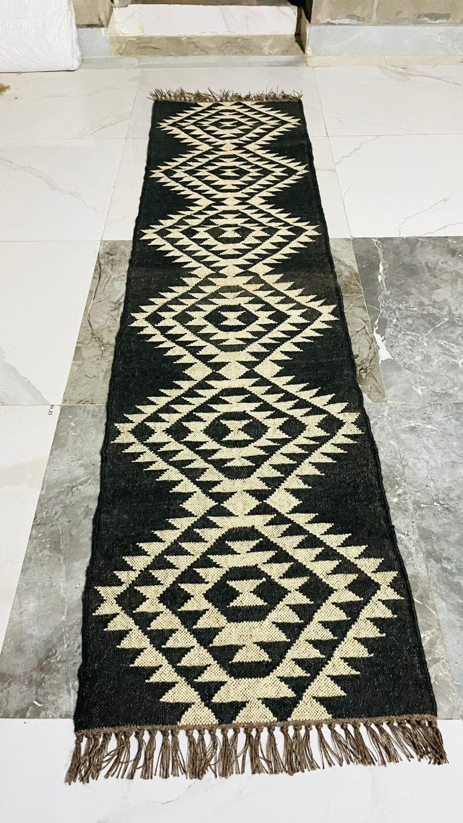 Black Cream Southwestern Stair Runner Rug, Handwoven Kilim Stair Carpet, Geometric Wool Stair Runner, Tribal Hallway Runner, Custom Boho rug - image 4