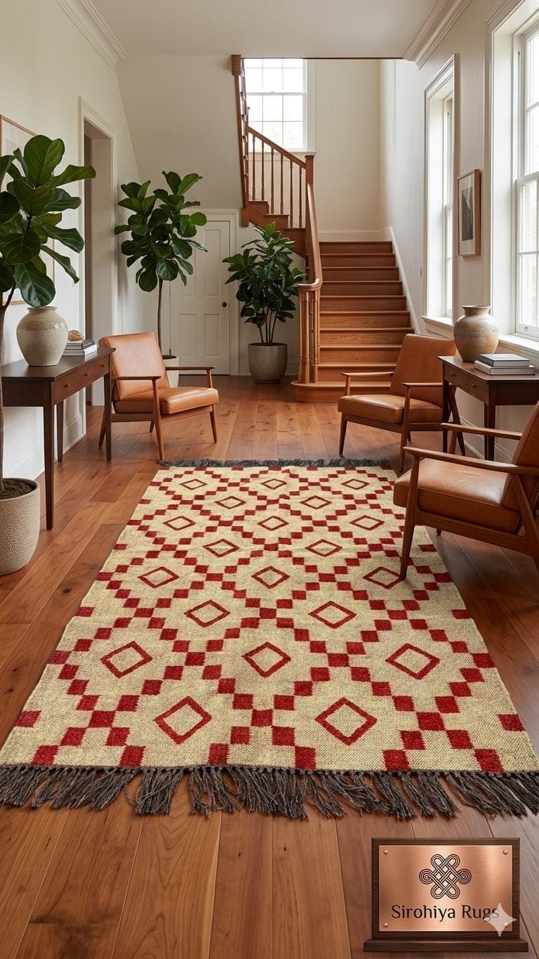 Red Geometric Jute Rug, Handwoven Natural Fiber Area Rug, Boho Farmhouse Carpet,Rustic Living Room Rug, Eco Friendly Floor Decor, Fringe Rug