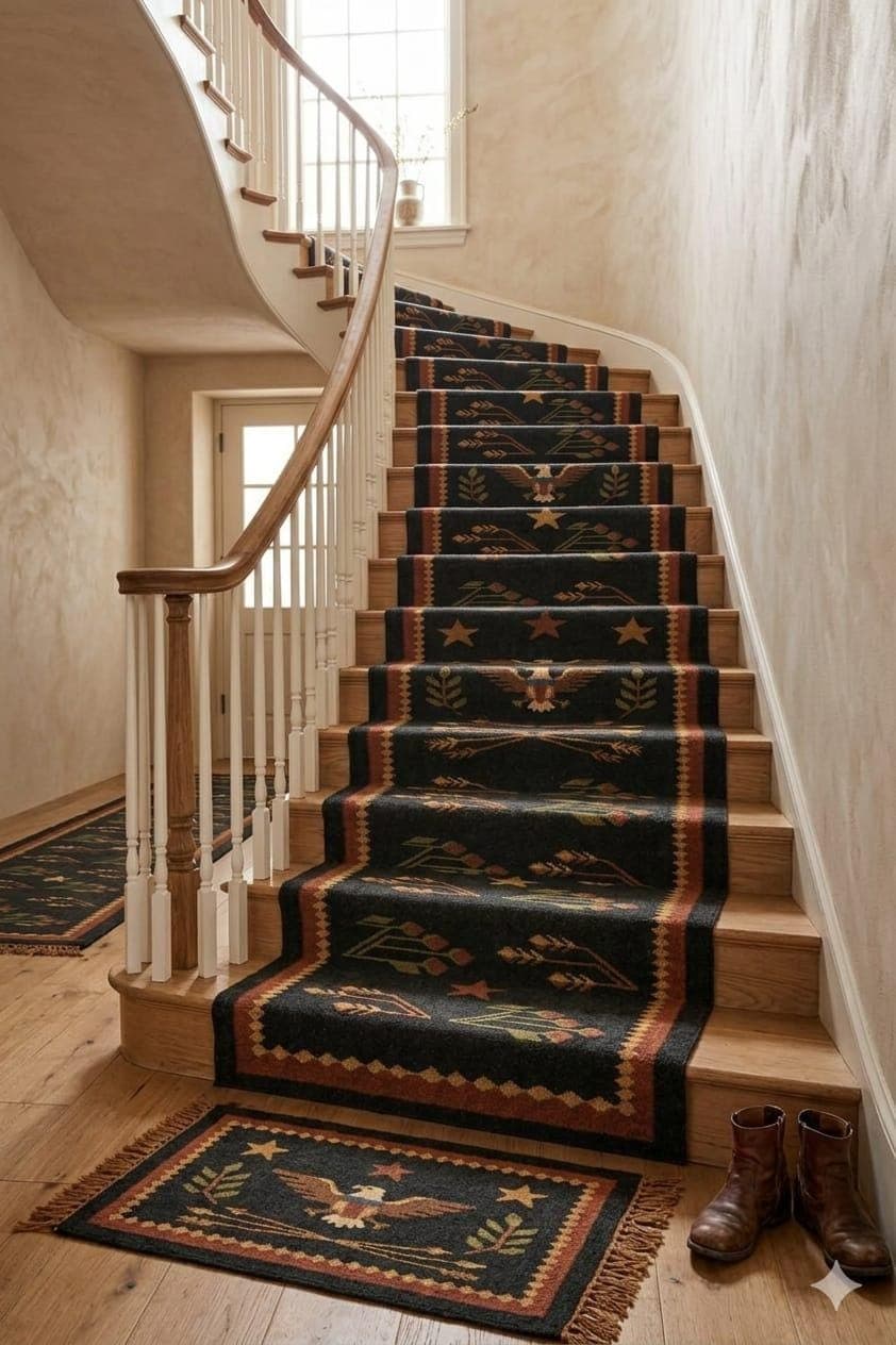 Rustic Stair Runner Rug, Americana Eagle Stair Carpet, Primitive Farmhouse Staircase Runner, Lodge Cabin Hallway Rug, Custom Length Runner