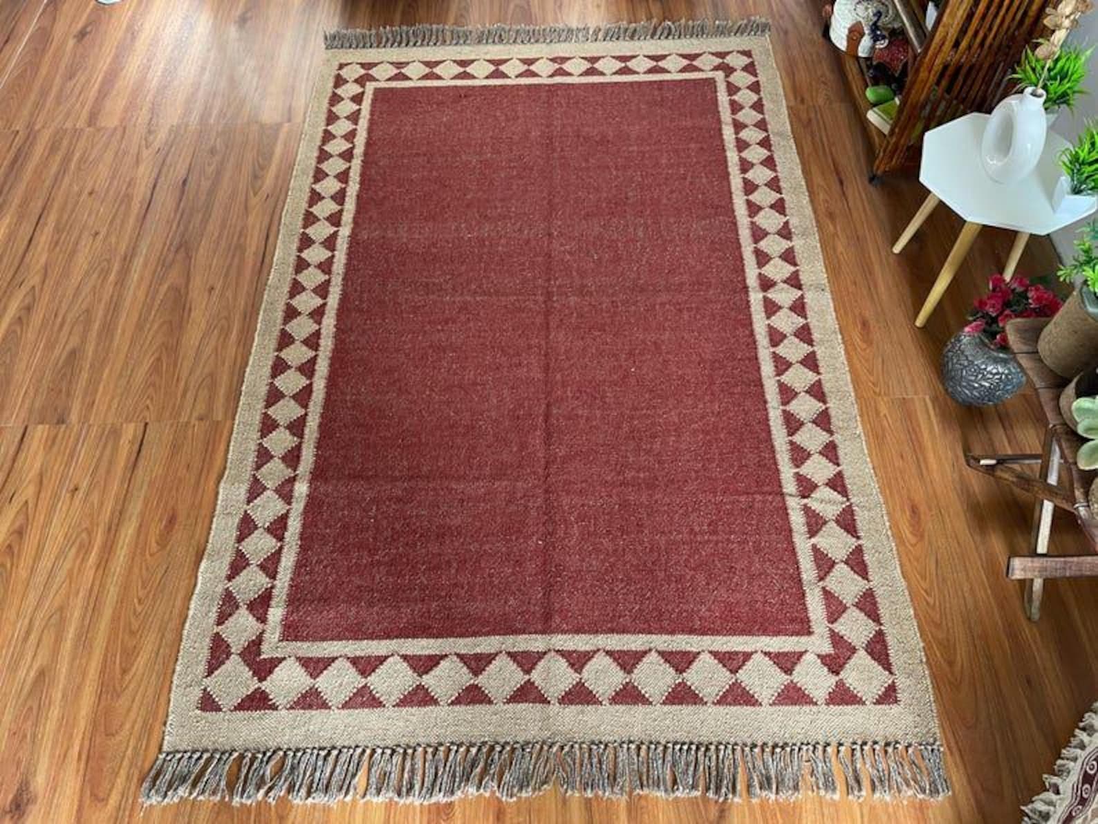Rust Red Area Rug, Geometric Border Living Room Carpet, Boho Farmhouse Bedroom Rug, Tribal Woven Floor Rug, Rustic Fringe Accent Decor - image 3