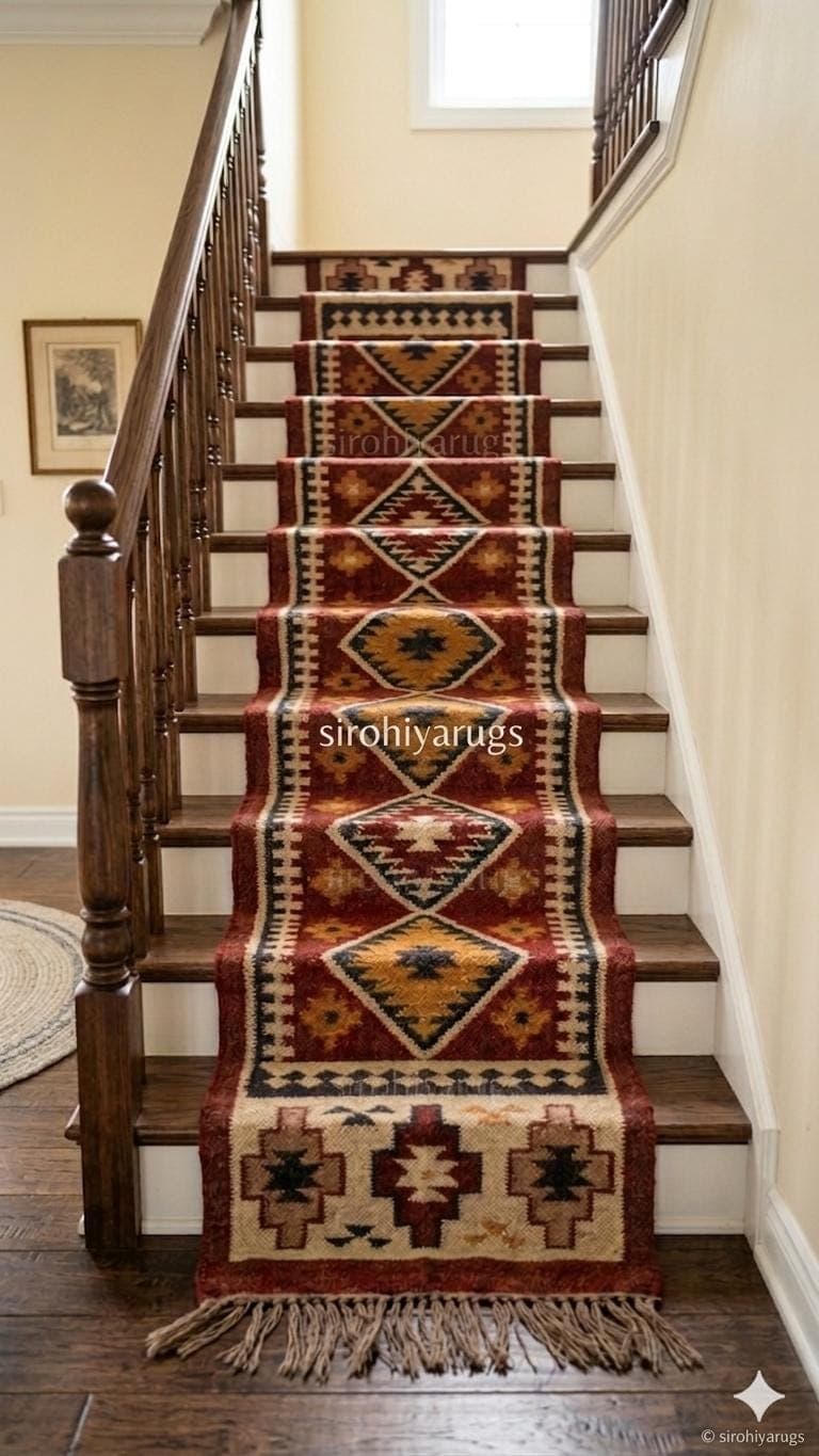 Handmade Southwestern Wool Jute Stair Runner Rug, Geometric Tribal Stair Carpet, Boho Rustic Staircase Runner, Custom Hallway Runner Rug