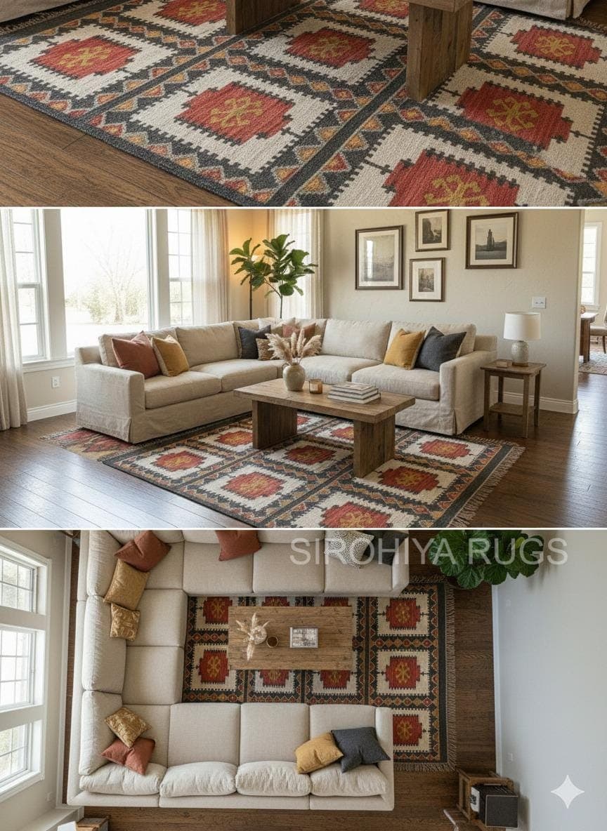 Handmade Southwestern Kilim Rug, Vintage Style Tribal Area Rug, Geometric Wool Carpet, Boho Living Room Rug, Rustic Farmhouse Floor Decor - image 3