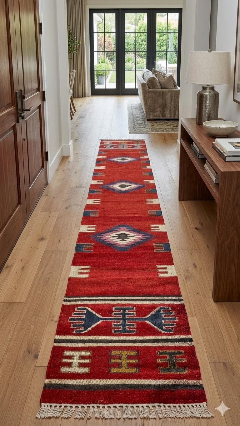Red Tribal Runner Rug, Southwestern Hallway Rug, Handmade Boho Runner, Vintage Kilim Style, Long Corridor Rug, Entryway Carpet Decor