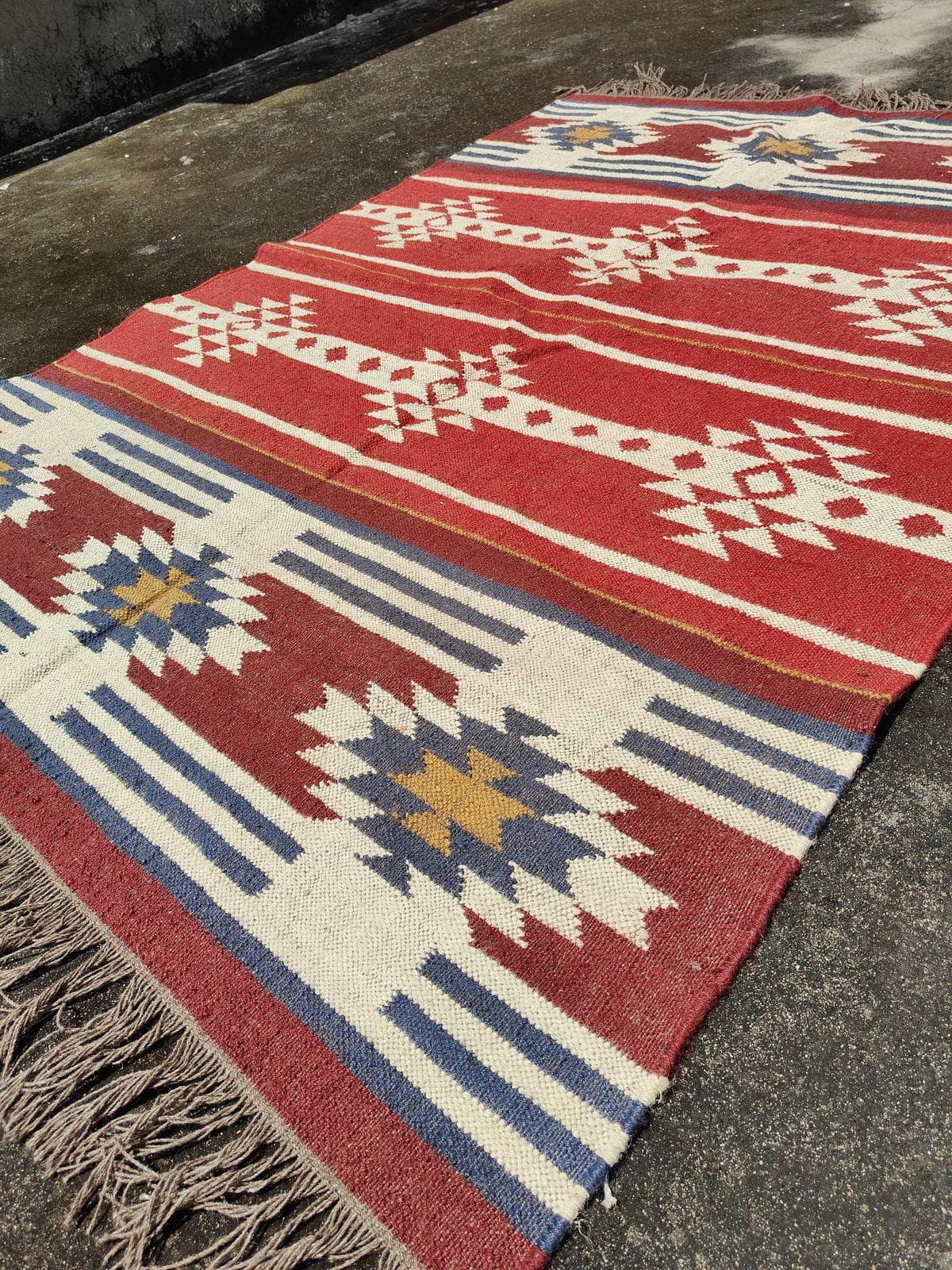 Red Southwestern Kilim Rug, Tribal Boho Area Rug, Navajo Style Geometric Carpet, Rustic Farmhouse Decor, Handwoven Flatweave Rug with Fringe - image 3