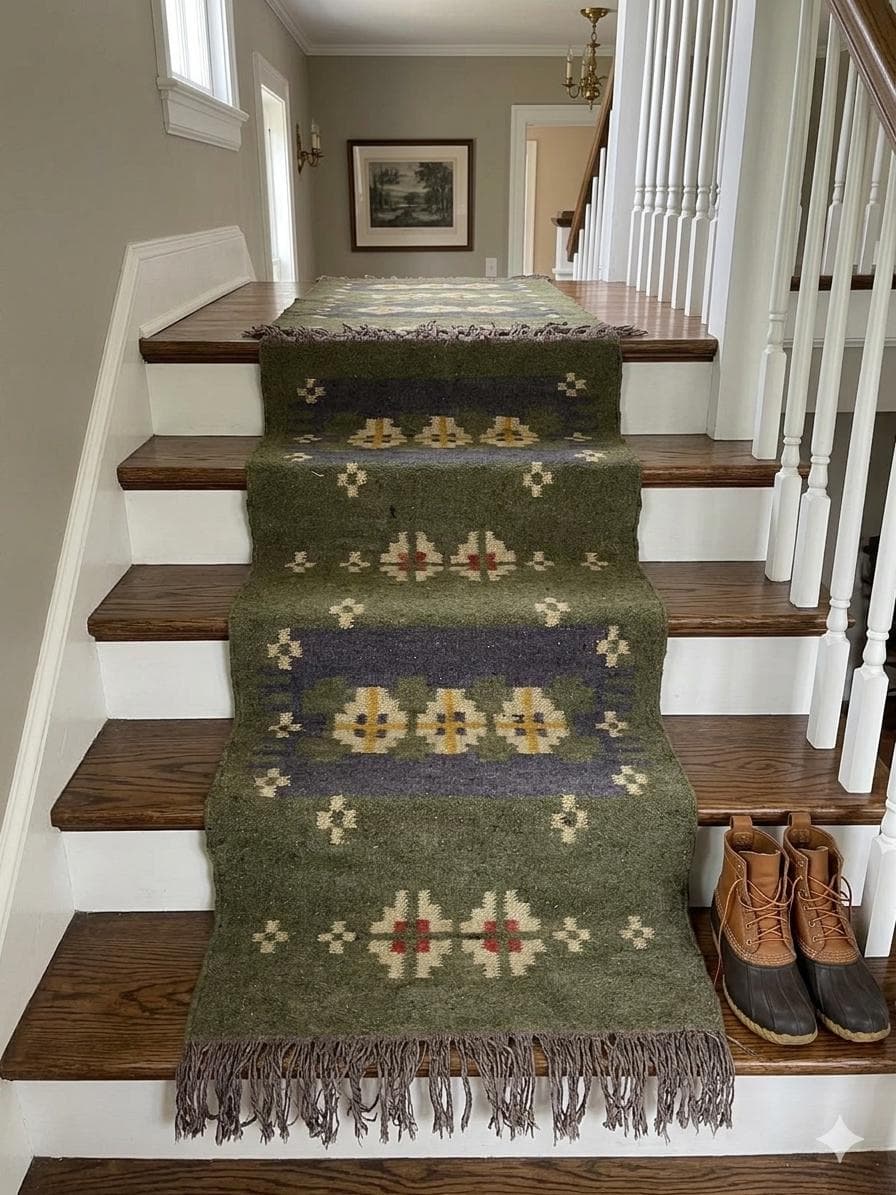 Vintage Green Stair Runner Rug, Handmade Wool Kilim Hallway Runner, Tribal Geometric Carpet, Rustic Farmhouse Stair Decor, Boho Entryway Rug