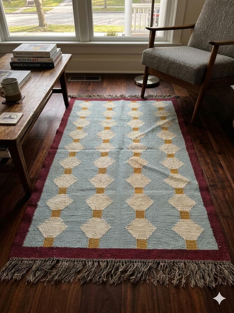 Blue Geometric Area Rug, Scandinavian Boho Living Room Carpet, Nordic Woven Bedroom Rug, Rustic Farmhouse Floor Decor, Fringe Accent Rug - image 4