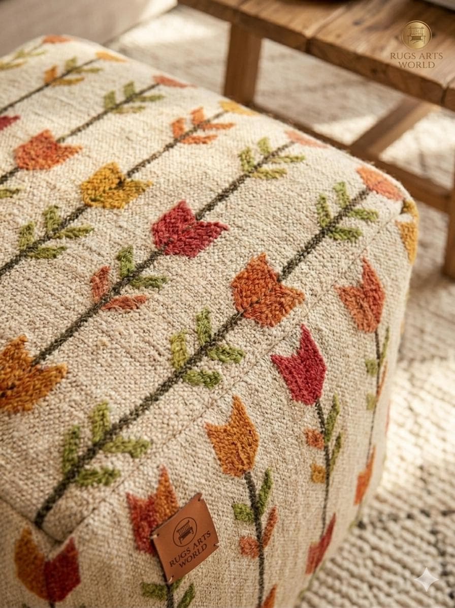 Floral Handmade Pouf Ottoman, Boho Floor Cushion, Tulip Print Ottoman, Moroccan Pouf Cover, Farmhouse Footstool, Cozy Living Room Decor - image 3