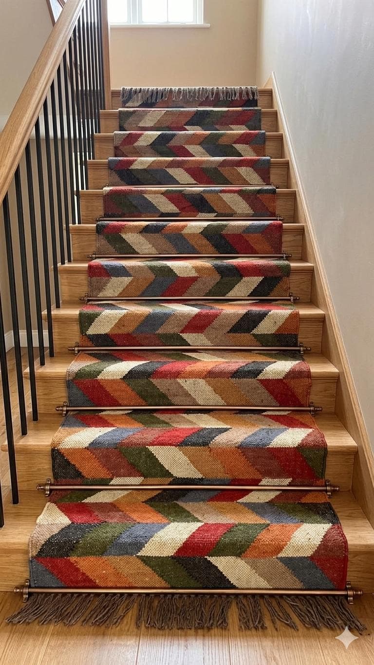 Handwoven Wool & Jute Stair Runner Rug | Geometric Chevron Colorful Stair Carpet | Boho Tribal Hallway Runner | Modern Staircase Rug