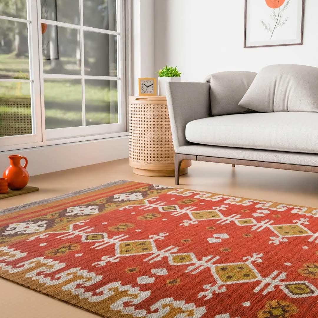 Handwoven Red Kilim Rug,Vintage Tribal Geometric Carpet,Boho Southwestern Area Rug,Wool Living Room Rug,Rustic Home Decor,Artisan Flatweave