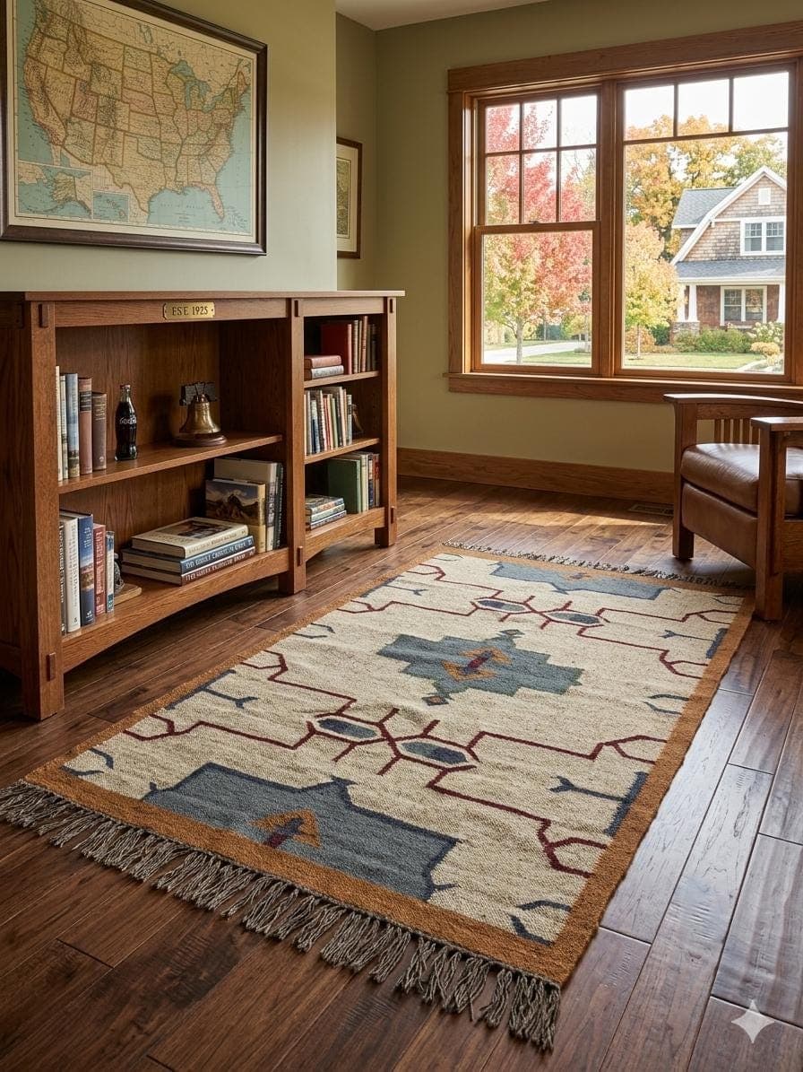 Southwestern Geometric Area Rug with Fringe, Boho Tribal Wool Carpet, Neutral Beige Rustic Living Room Rug, Handmade Style Decor - image 4
