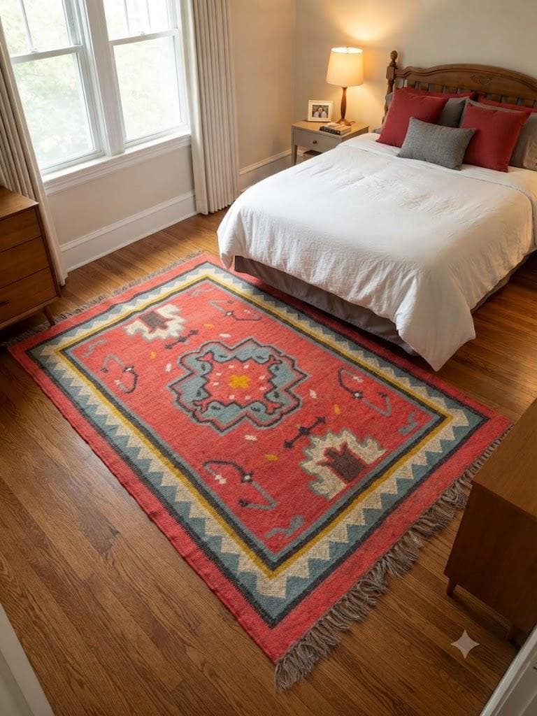 Handmade Wool Jute Boho Rug, Southwestern Tribal Geometric Area Rug, Rustic Farmhouse Living Room Carpet, Bohemian Floor Rug with Fringe