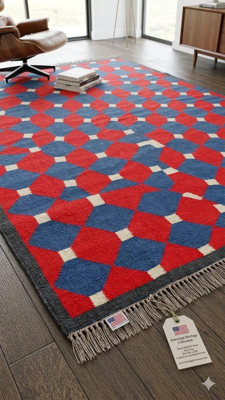 Handwoven Geometric Area Rug, Modern Wool Rug, Red Blue Diamond Pattern Carpet, Contemporary Boho Rug, Handmade Living Room Rug