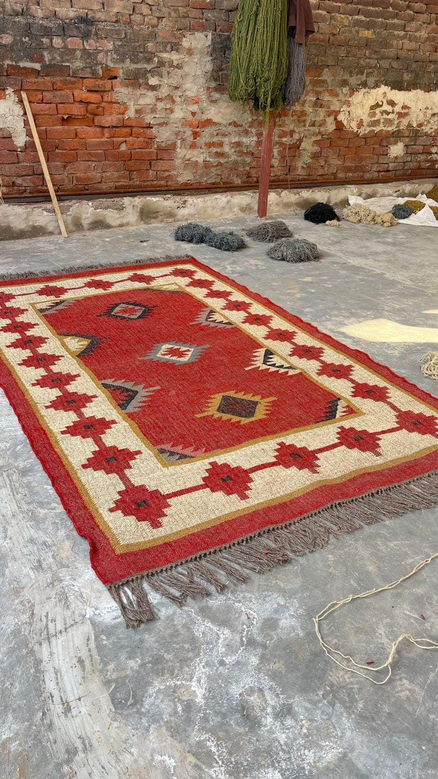 Red Southwestern Area Rug, Tribal Boho Kilim Carpet, Vintage Geometric Farmhouse Rug, Navajo Style Bedroom Living Room Rug with Fringe - image 3