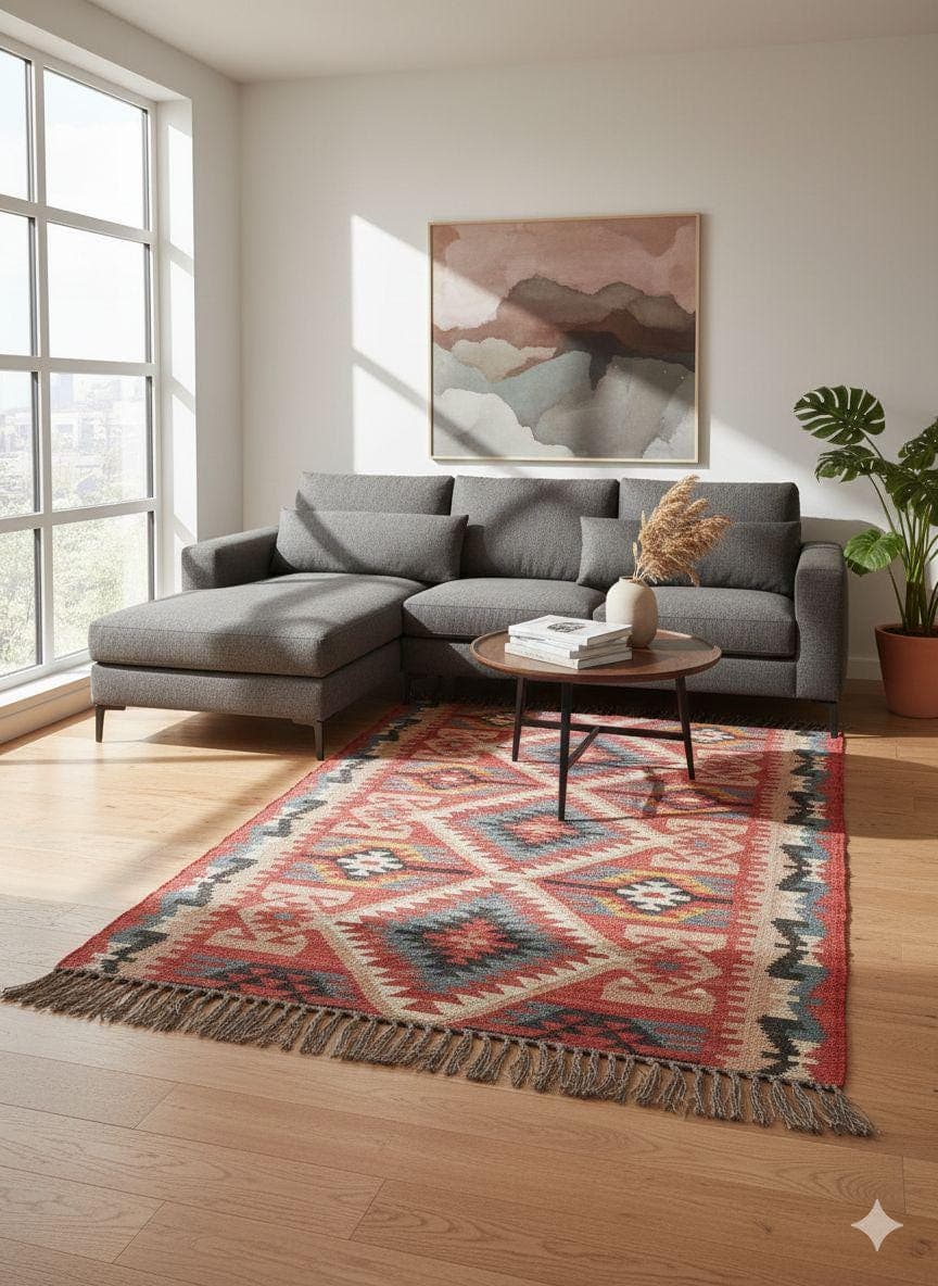 Handmade Wool Jute Boho Area Rug, Southwestern Tribal Geometric Rug, Rustic Farmhouse Living Room Carpet, Bohemian Floor Rug with Fringe