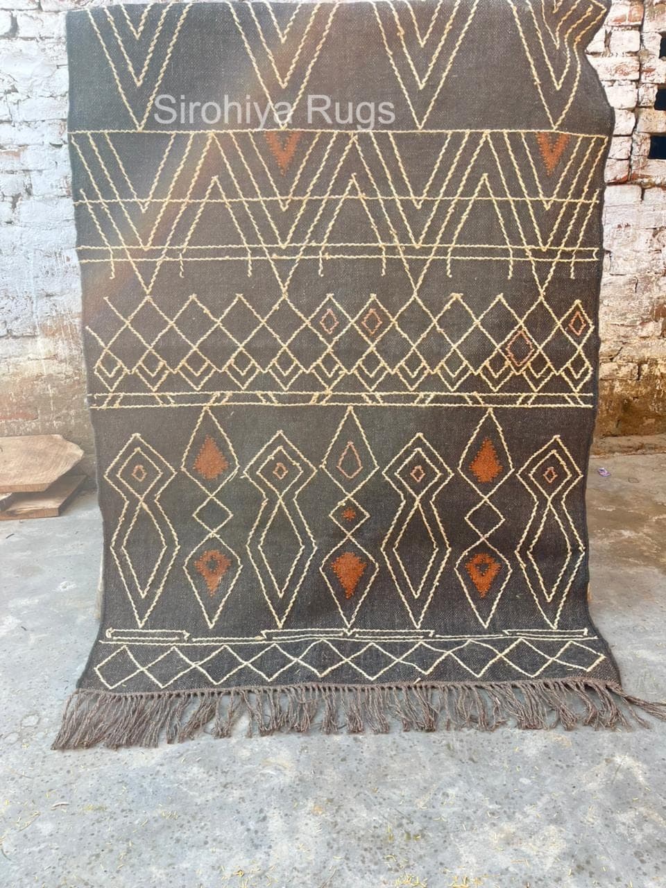 Black Geometric Rug,Handmade Wool Area Rug,Boho Tribal Carpet,Large Living Room Rug,Modern Farmhouse Decor,Southwestern Style Rugwith Fringe - image 4