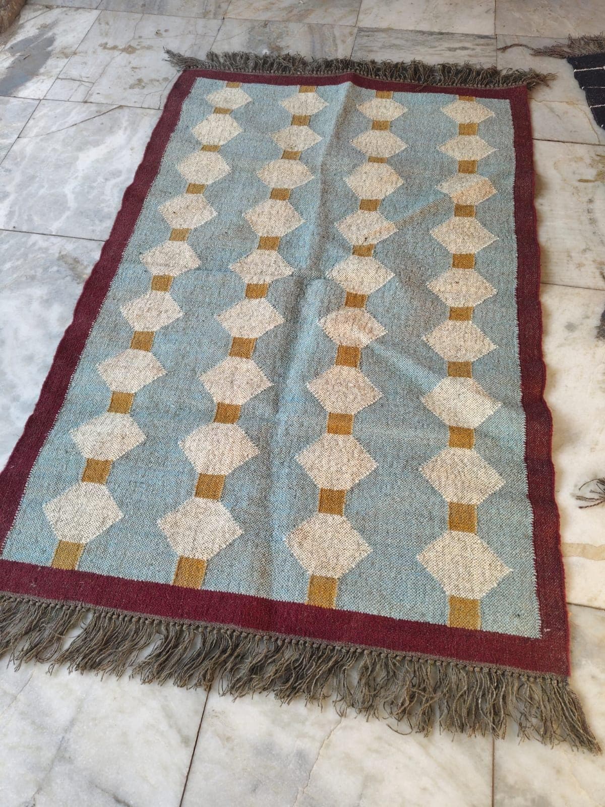 Blue Geometric Area Rug, Scandinavian Boho Living Room Carpet, Nordic Woven Bedroom Rug, Rustic Farmhouse Floor Decor, Fringe Accent Rug - image 5