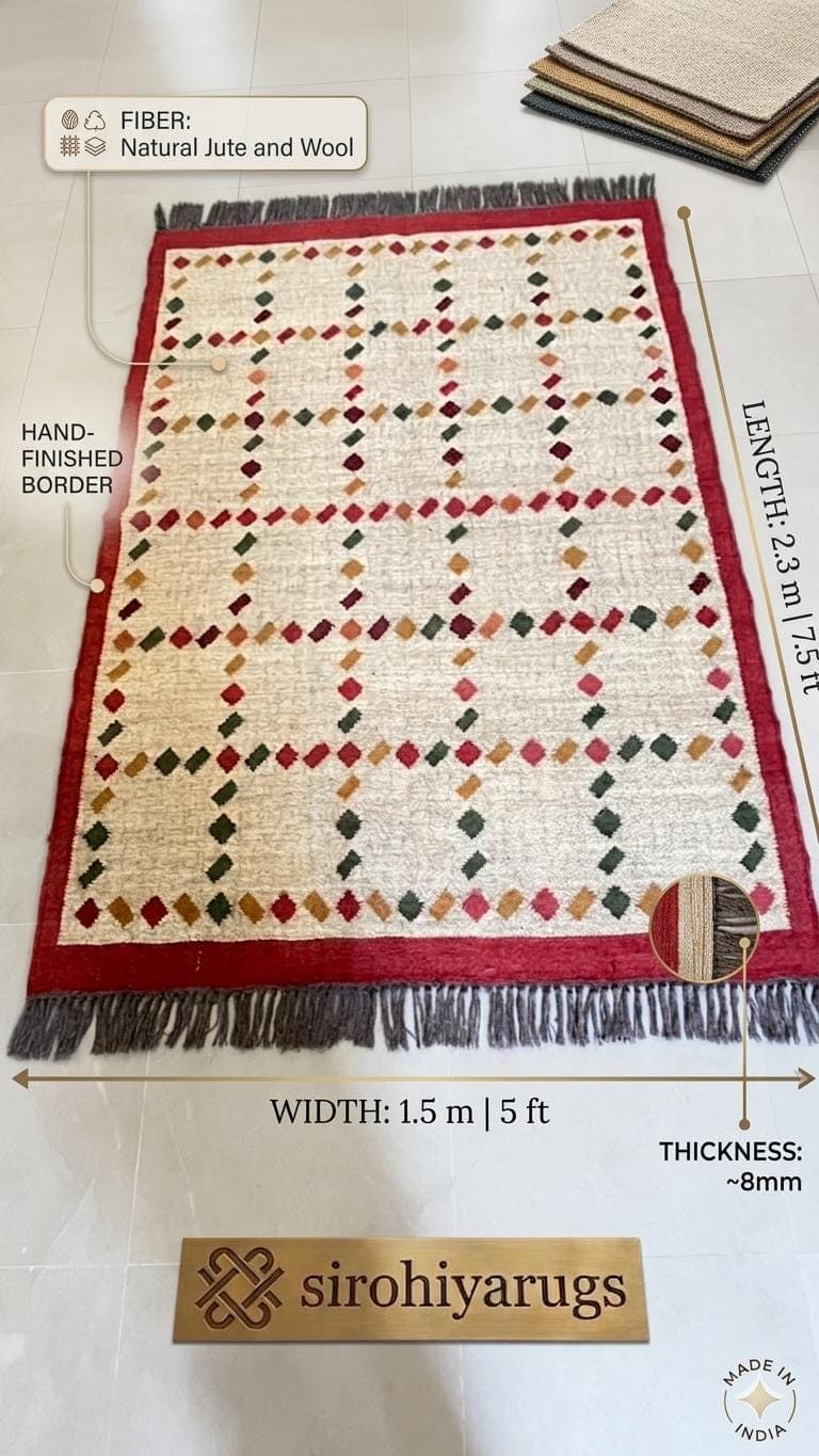Handwoven Geometric Wool Rug, Boho Area Rug with Fringe, Cream Base Red Border Carpet, Scandinavian Tribal Design Rug, Living Room Bedroom - image 4