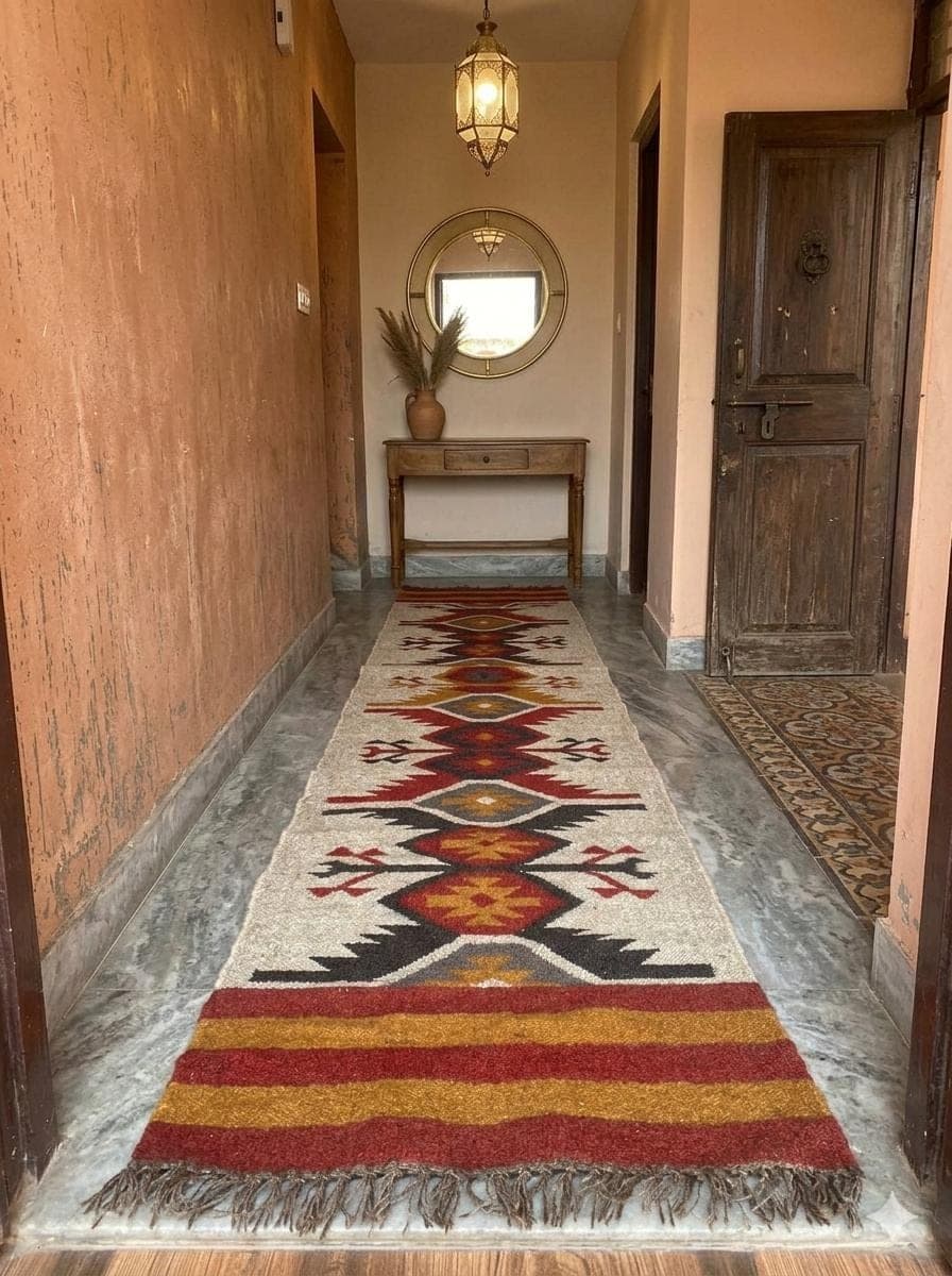 Boho Southwestern Runner Rug,Handwoven Kilim Hallway Rug,Tribal Geometric WoolRug,Rustic Farmhouse Corridor Carpet,Vintage Style EntrywayRug - image 5
