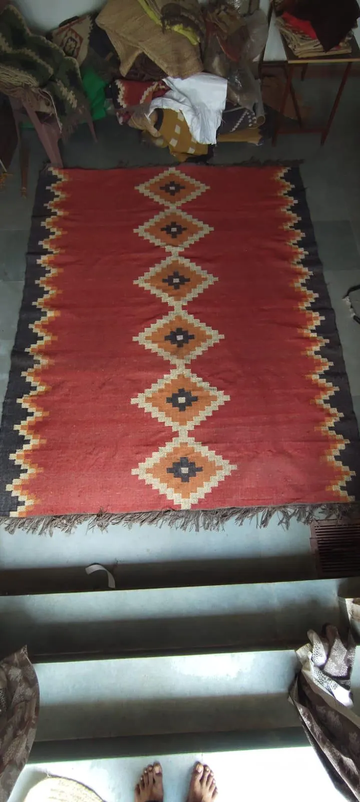 Red Wool Jute Kilim Rug, Geometric Tribal Area Rug, Handwoven Boho Carpet, Southwestern Farmhouse Living Room Rug, Custom Size Handmade Home - image 2