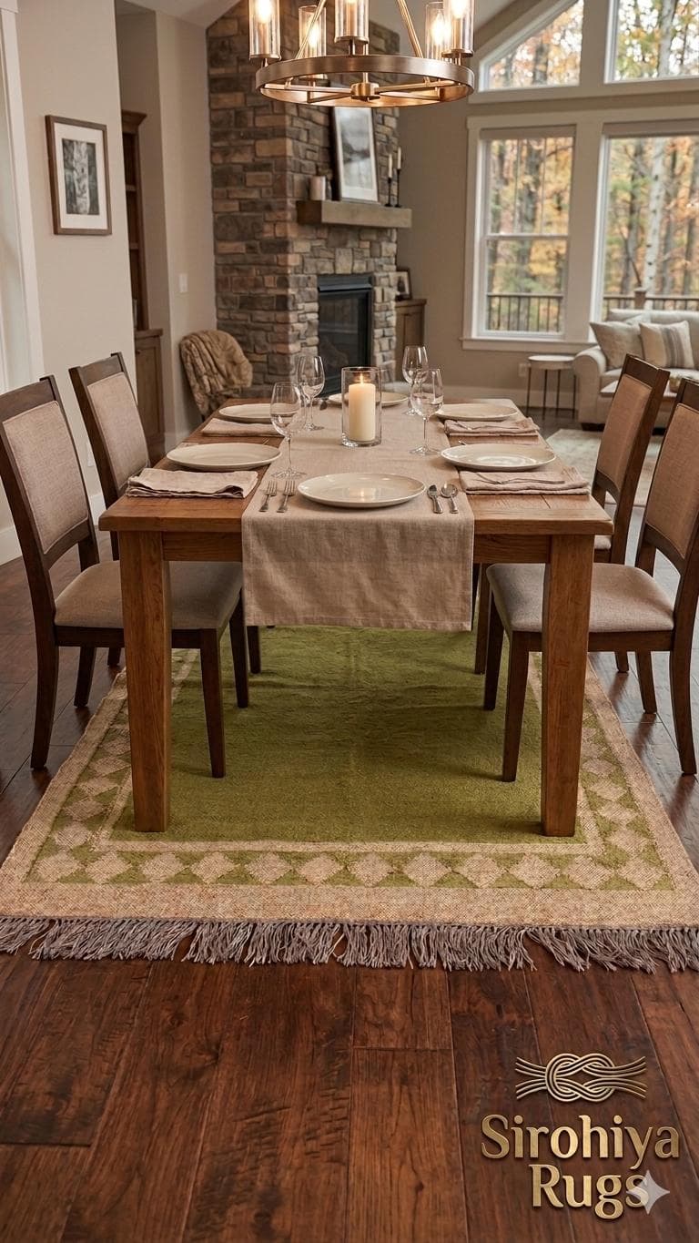 Green Jute Rug with Border Pattern, Handwoven Natural Fiber Rug, Farmhouse Room Rug, Eco Friendly Area Rug, Rustic Home Decor, Fringe Carpet - image 3