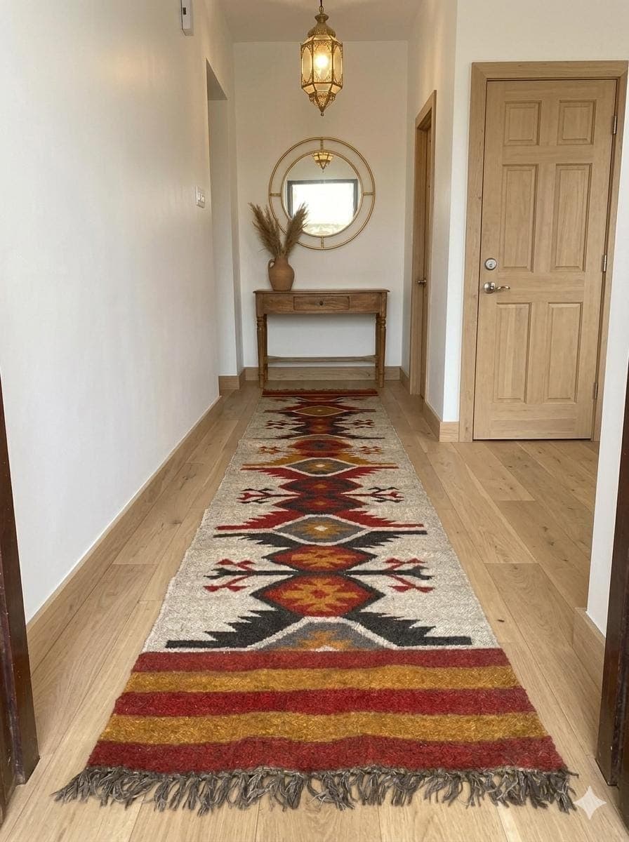 Boho Southwestern Runner Rug,Handwoven Kilim Hallway Rug,Tribal Geometric WoolRug,Rustic Farmhouse Corridor Carpet,Vintage Style EntrywayRug