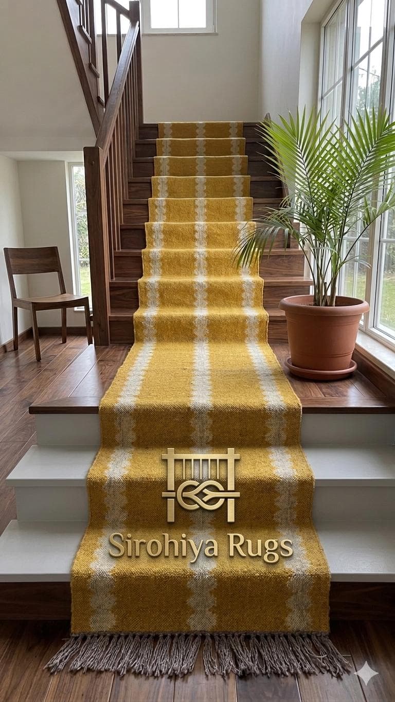 Mustard Yellow Stair Runner Rug, Handwoven Jute Stair Carpet, Farmhouse Staircase Runner, Boho Natural Fiber Rug, Rustic Striped Runner - image 3