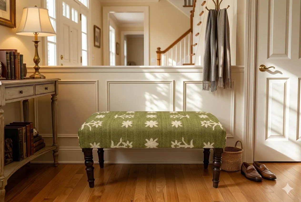Handwoven Upholstered Bench, Olive Green Floral Kilim Bench, Rustic Wooden Legs Ottoman,Boho Entryway Bench Seat,Farmhouse Bedroom Footstool