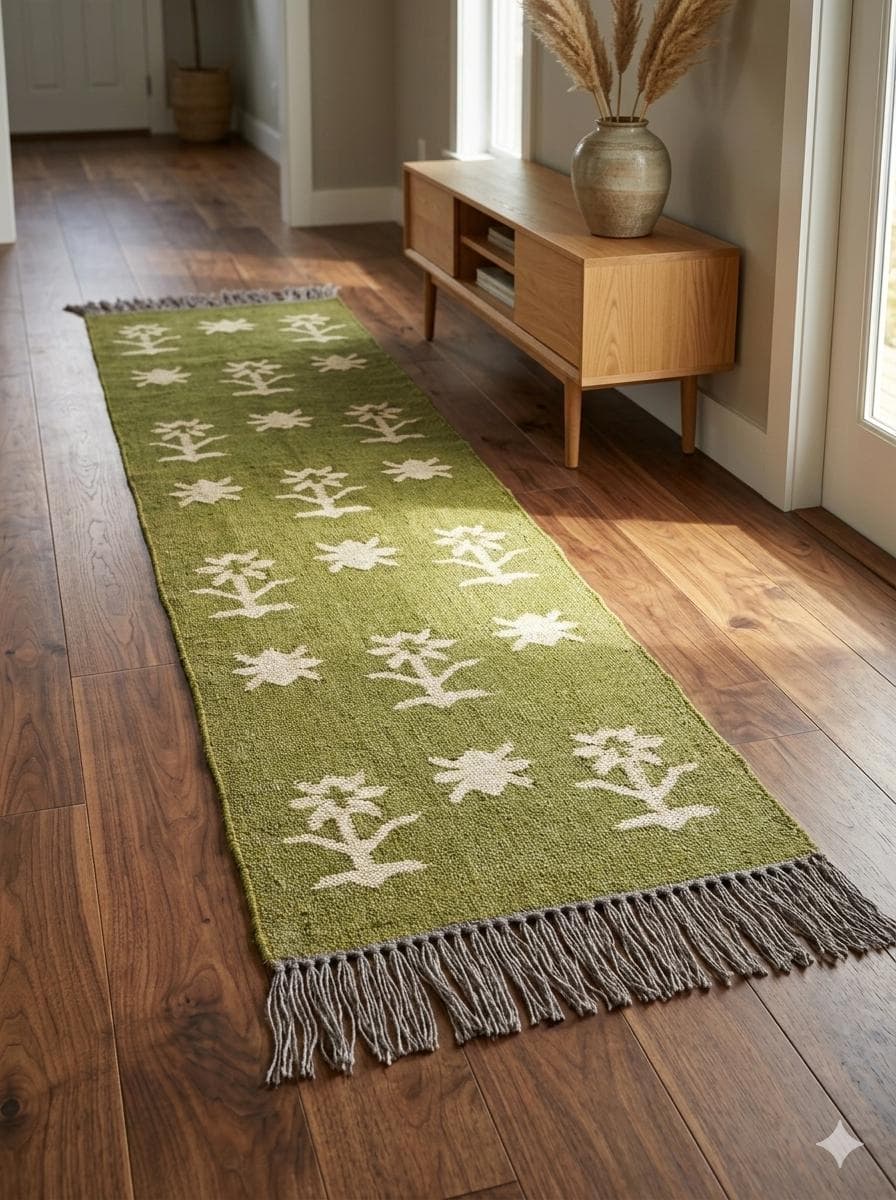 Handmade Olive Green Wool Jute Stair Runner - Tribal Pattern Kilim Rug for Hallway & Entryway - Farmhouse Porch Decor - Custom Size Runner