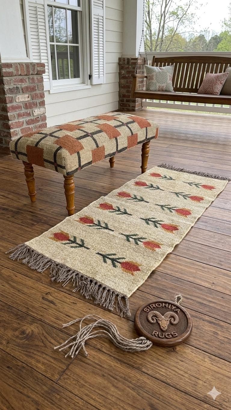 Handmade Floral Runner Rug, Boho Hallway Rug, Farmhouse Entryway Carpet, Tulip Design Wool Runner, Rustic Porch Rug, Fringe Accent Decor